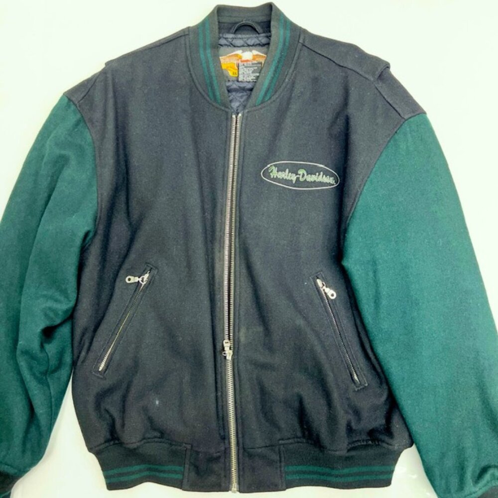USA Harley Davidson Wool Quilt Bomber Jacket Mens M green Balck Full Zip (J94) - Picture 9 of 10